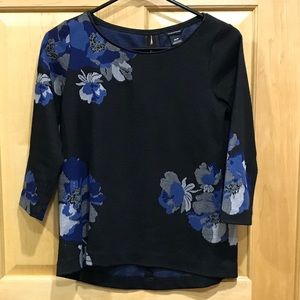 Club Monaco blue floral top XS leather neck trim